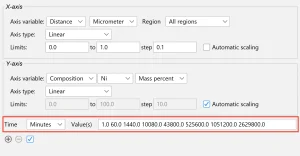 Screenshot showing where to add the different time values for your DICTRA simulation.