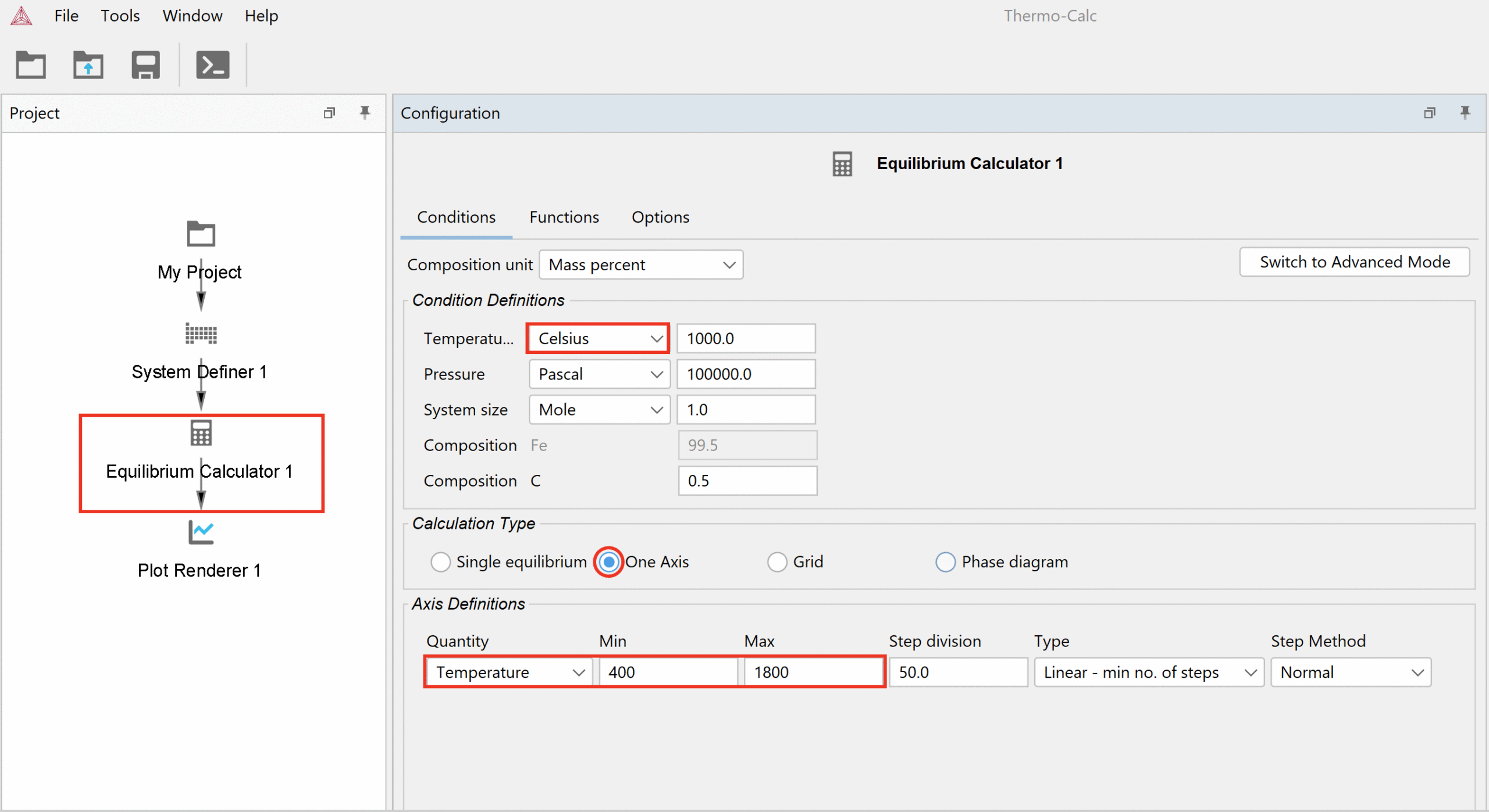 Screenshot showing how to configure the Equilibrium Calculator in Thermo-Calc.