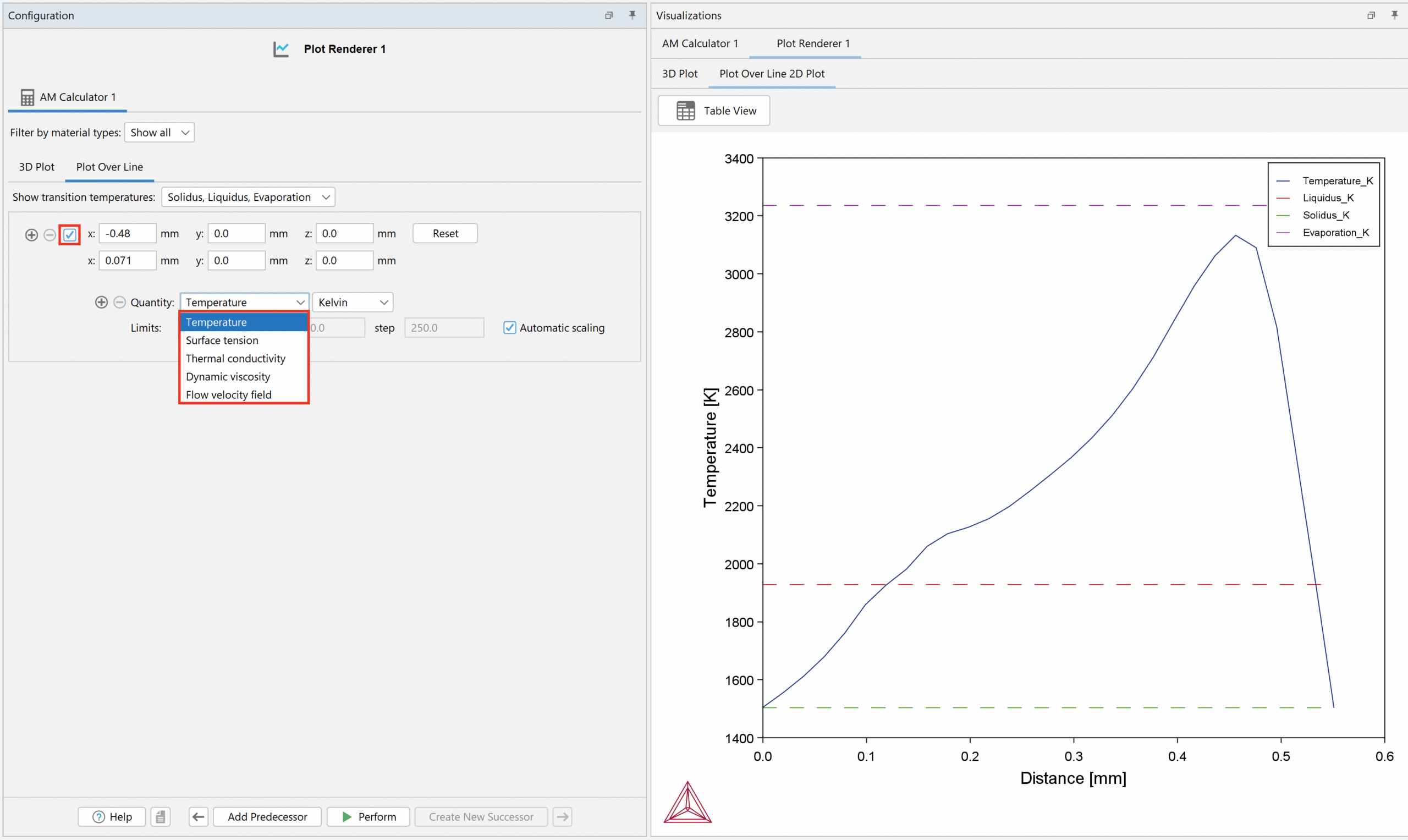 Settings and visualization of the plot over line.