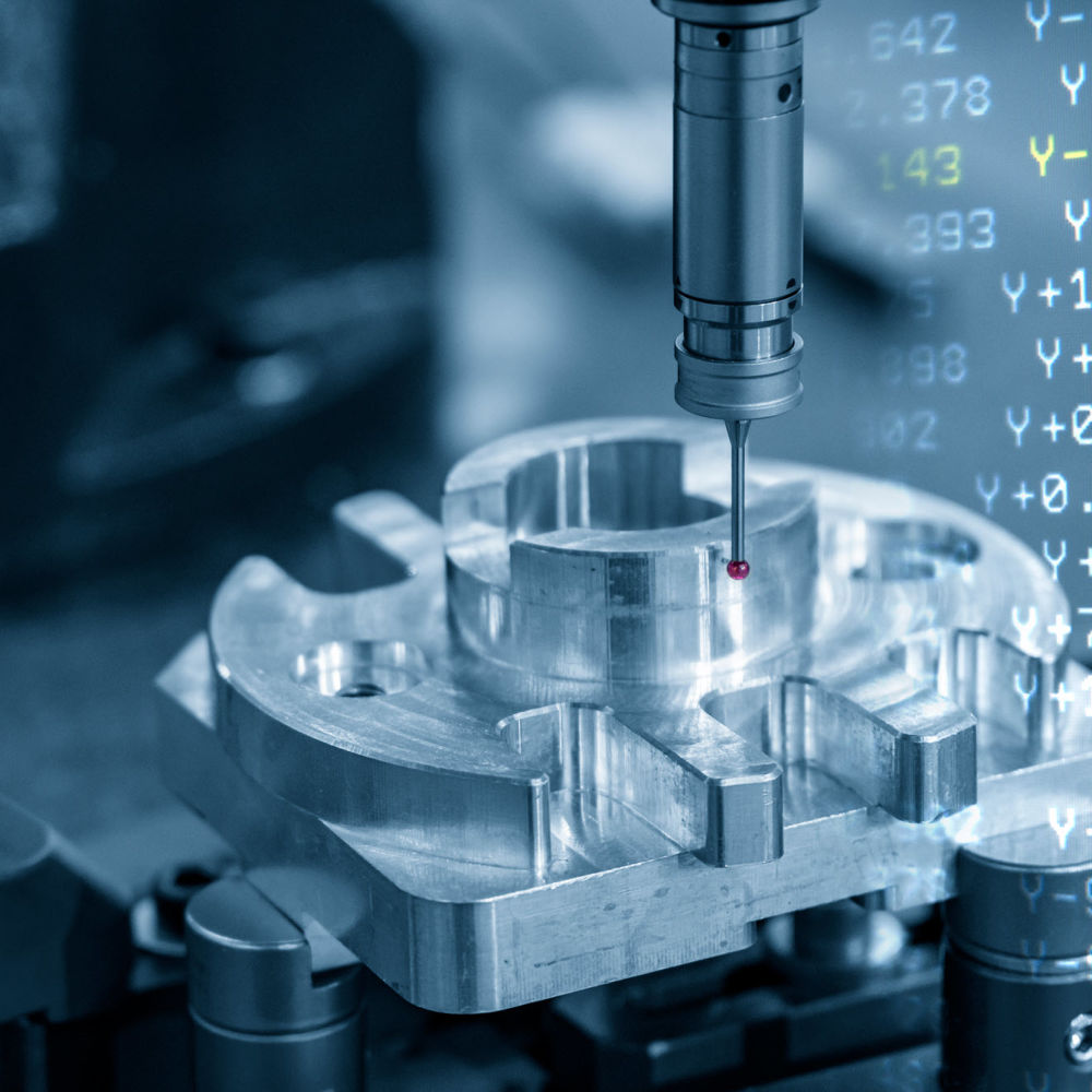 Quality control in automotive parts manufacturing process by multi-axis CMM machine. Header