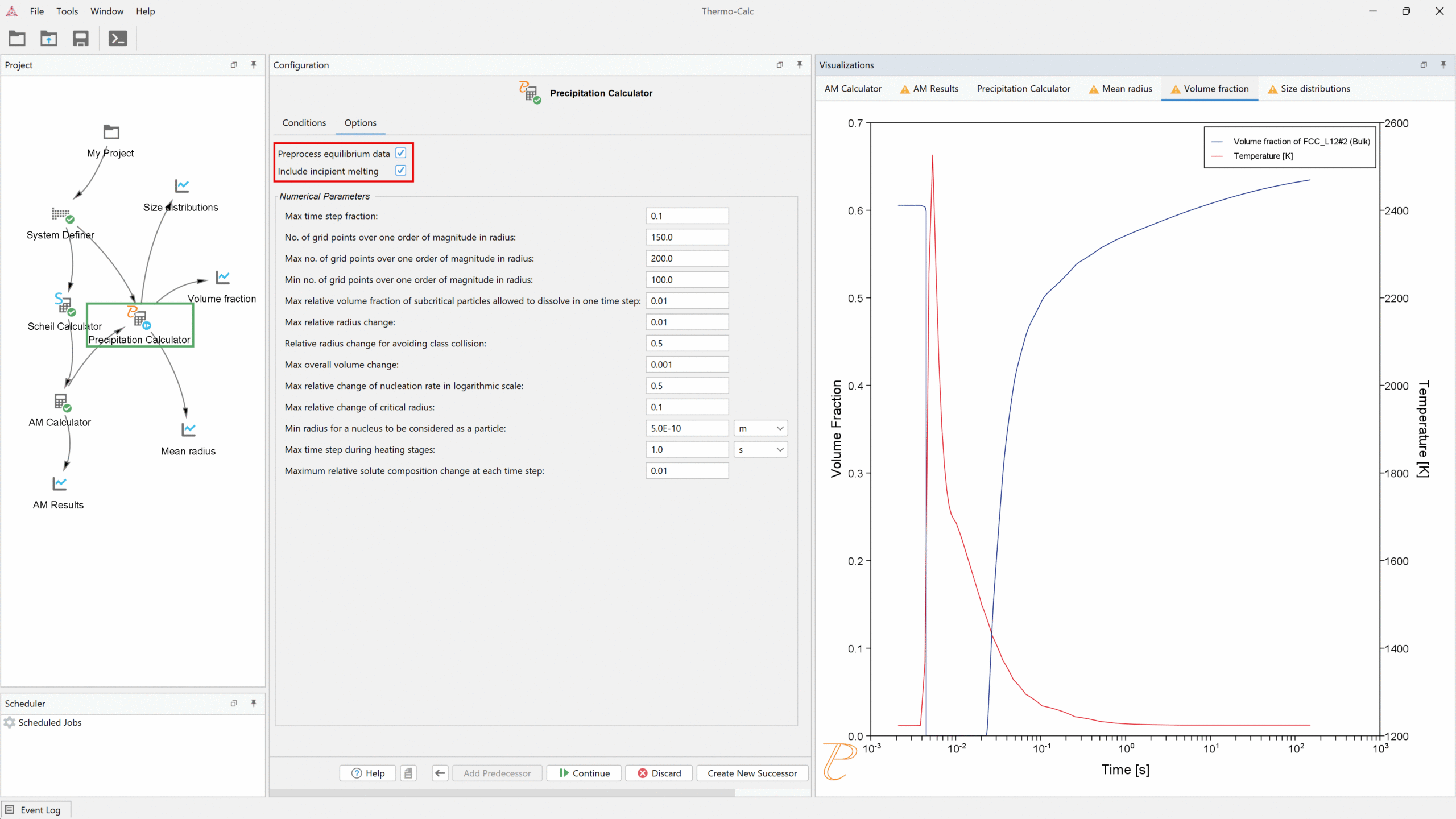 Plot from Thermo-Calc 2025a showing simulated incipient melting of the large precipitates in the powder and reprecipitation after a single pass of an electron beam.