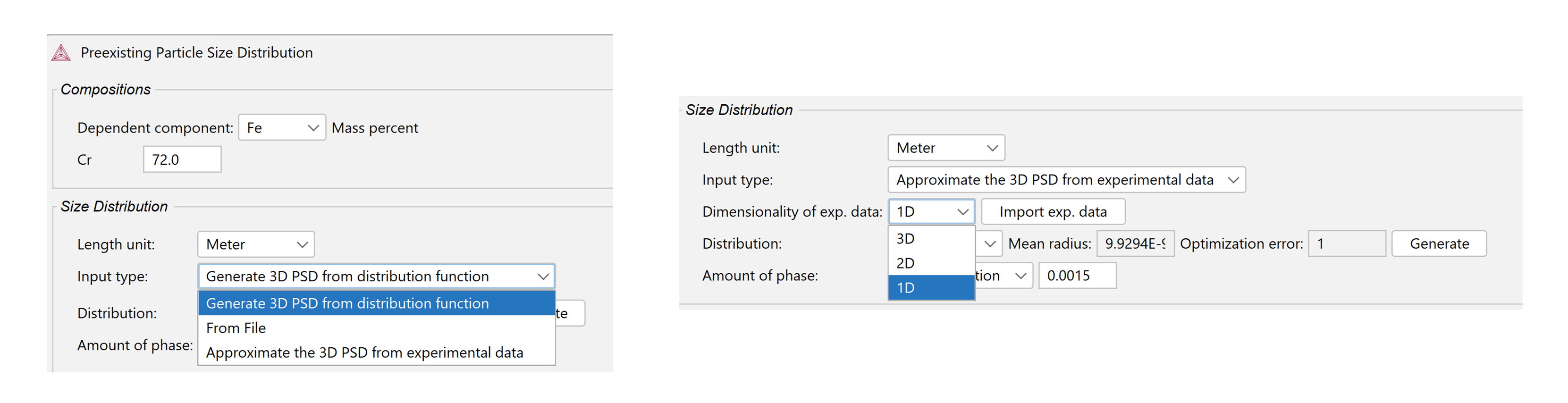 Preexisting Particle Size Distribution window in Thermo-Calc 2025a where new settings have been added.