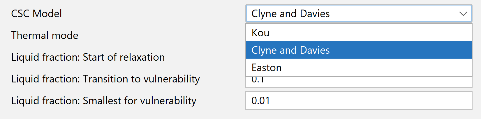 Screenshot of settings in the Crack Susceptibility Coefficient Property Model, showing all the models including the new Kou and Easton-models.