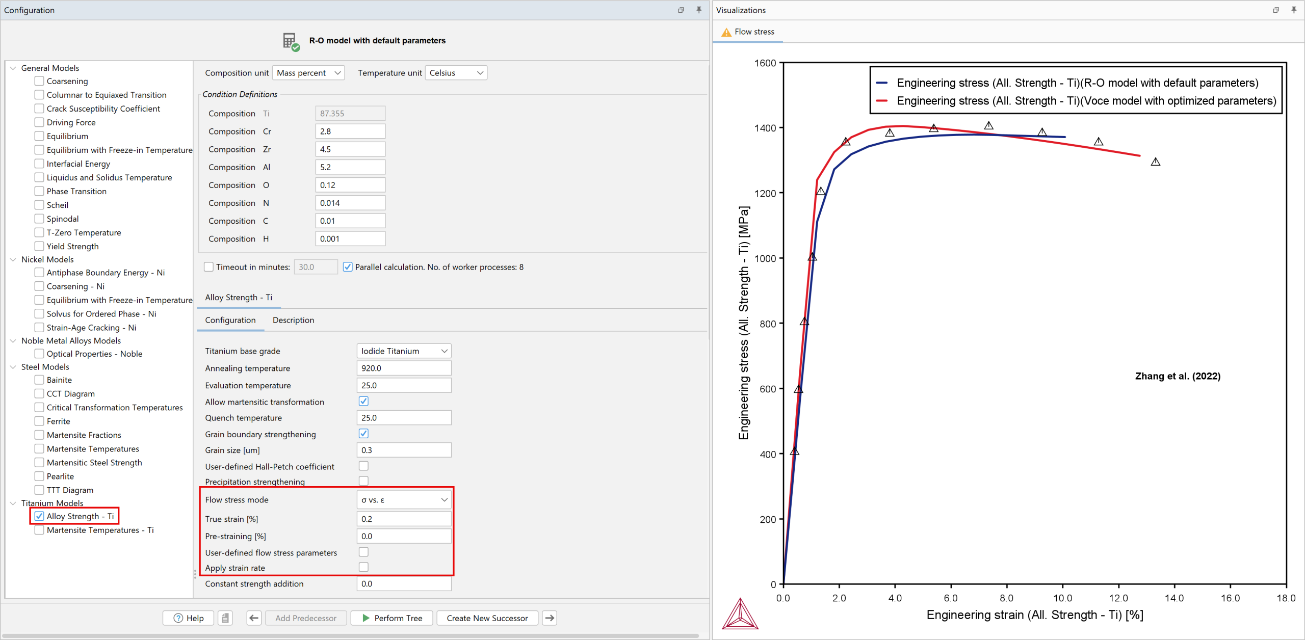 Configuration of the Alloy Strength – Ti Property Model, showing the expanded settings for the flow stress addition. Results show true stress as a function of true strain for a Ti-6Al-4V alloy.