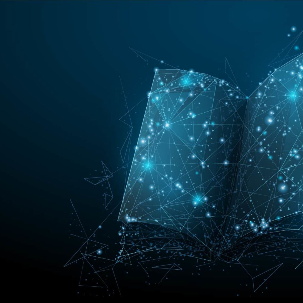A sparkling book floating on a blue background.