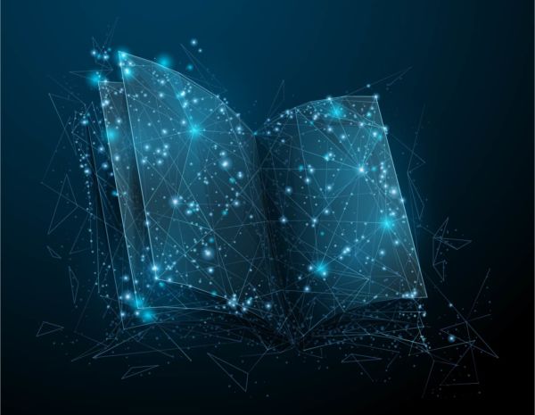A sparkling book floating on a blue background.