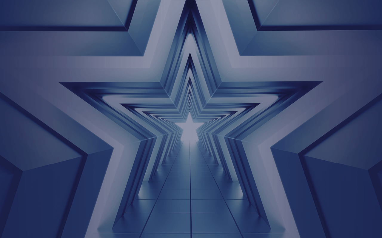 A futuristic-looking hallway in the shape of a star in various shades of blue.>
