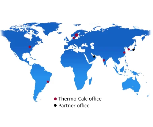 Map of the world with dots on countries that have Thermo-Calc offices.