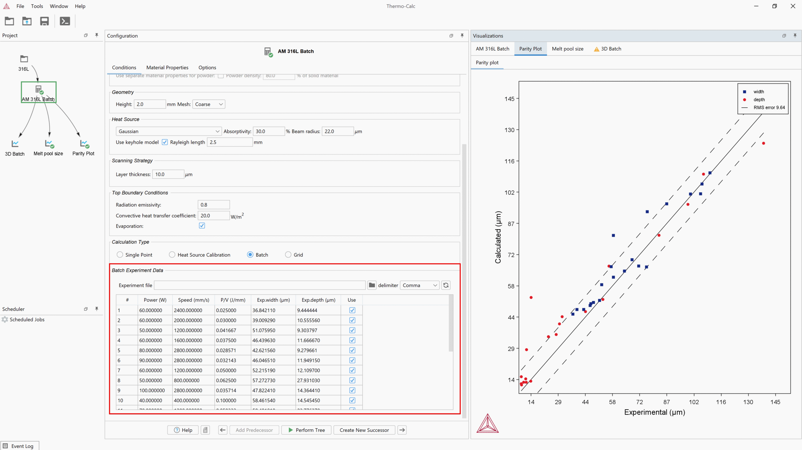 A screenshot showing the new Batch Calculation type in the Additive Manufacturing Module, which allows users to input power and scan speed data from a file.