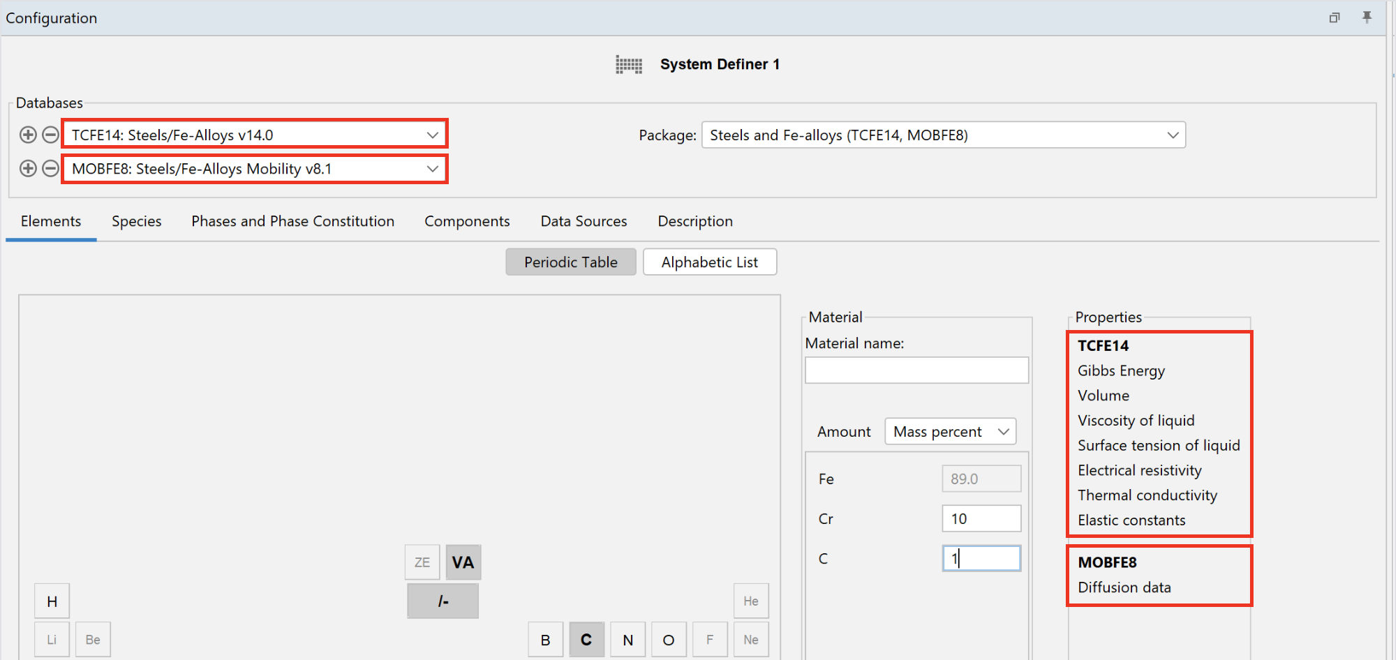 The System Definer in Thermo-Calc showing the new properties lists for the Steel and Fe-alloys databases TCFE14 and MOBFE8.