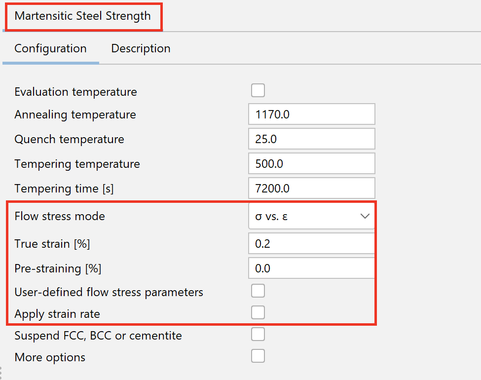 New settings in the Martensitic Steel Strength Model, including Flow stress mode, True strain, and Pre-straining