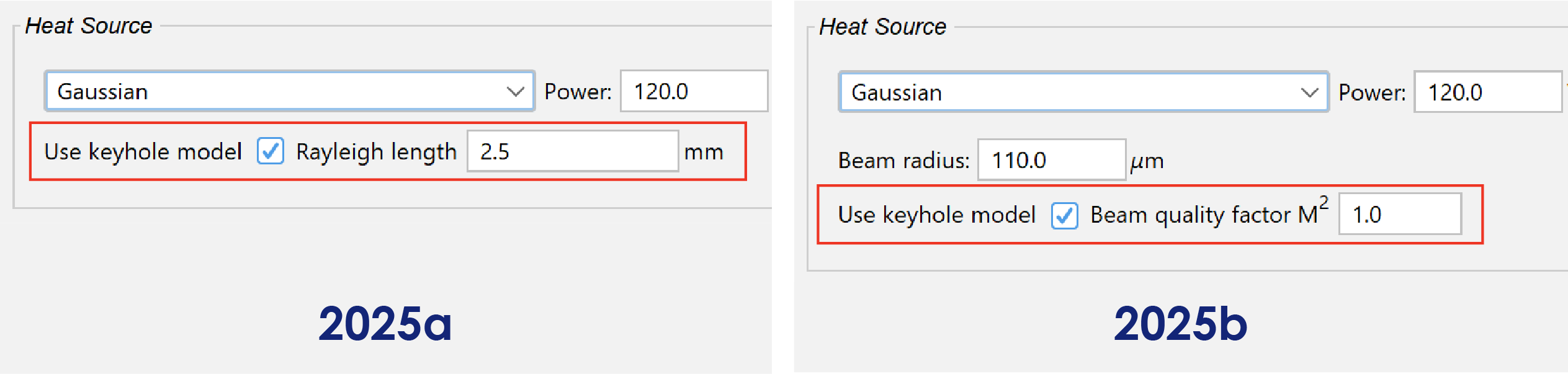 In Thermo-Calc 2025b, Rayleigh length was removed from the Use keyhole model setting in the AM Module and replaced with Beam quality factor M2 in order to improve consistency with AM machine settings and to accommodate for the new heat source beam shapes.