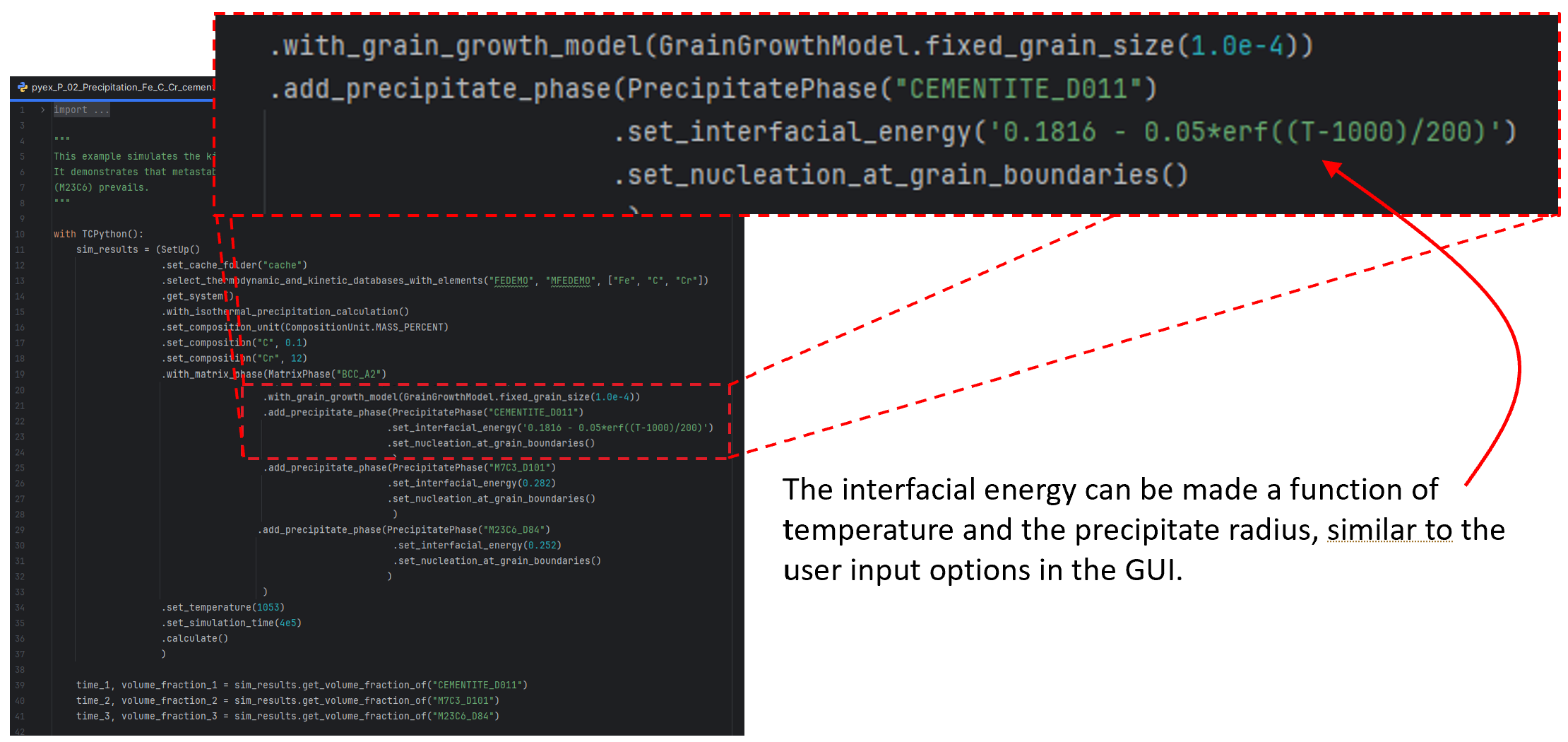 pyex_P_02_Precipitation_Fe_C_Cr_cementite_M7C3_M23C6.py now has a user defined expression for the interfacial energy of Cementite to demonstrate this new feature